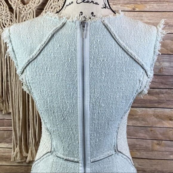 Rebecca Taylor | Frayed Leather Zipper Trim Textured Tweed Combo Midi Dress - Picture 7 of 10